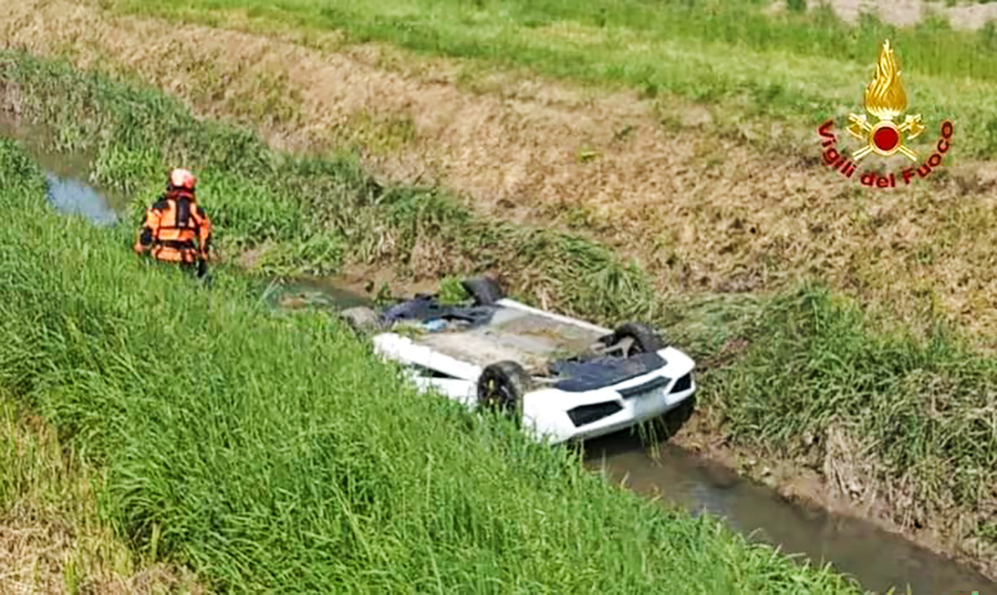 Picture shows the incident scene where the Lamborghini car crashed, undated. Building contractor Luca Polito died in the incident in Concordia Sagittaria, Italy. Note: Firefighters photo taken from local media. Lamborghini car crashed