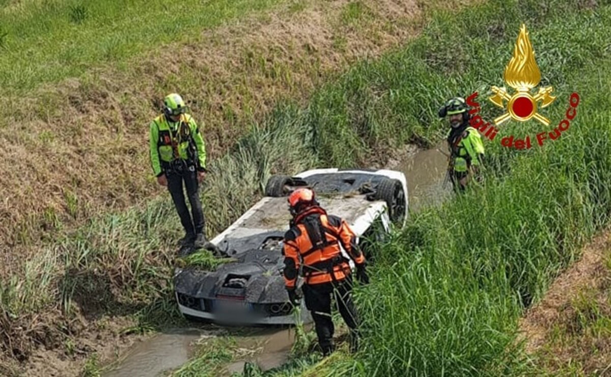 Picture shows the incident scene where the Lamborghini car crashed, undated. Building contractor Luca Polito died in the incident in Concordia Sagittaria, Italy. Note: Firefighters photo taken from local media. Lamborghini car crashed