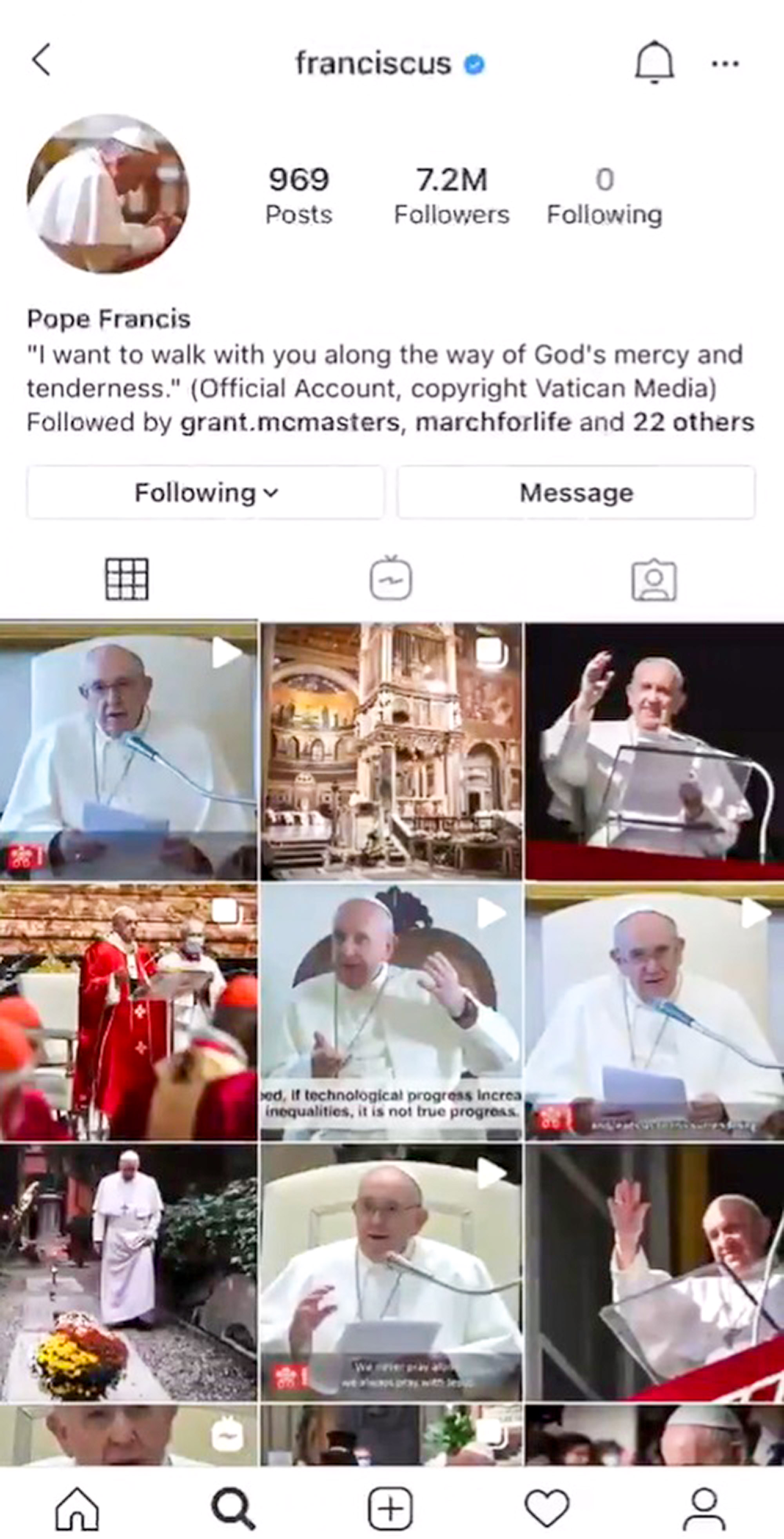 Picture appears to show Pope's Instagram account, undated. Note: Image is a screenshot from Instagram account. Pope