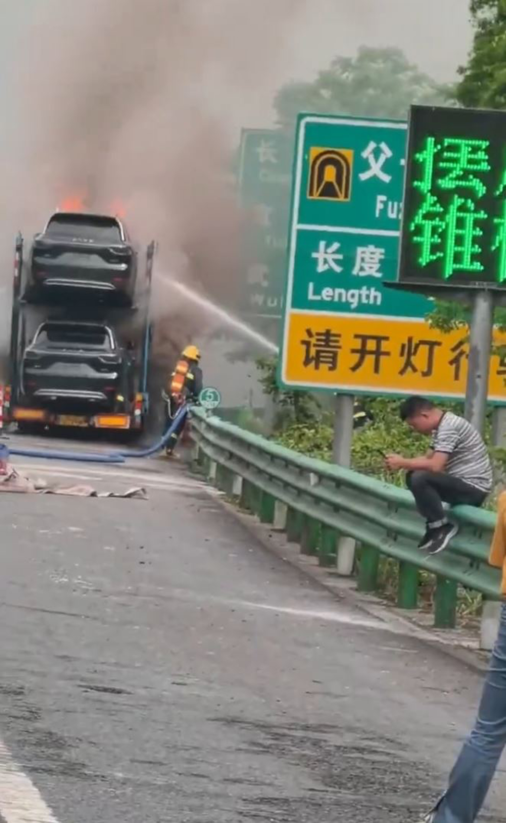 A flatbed truck burns on the Shanghai–Chongqing Expressway, China, on 21 April, 2025. There were no casualties. Note: Photo is a screenshot from a video truck burns on the Shanghai–Chongqing Expressway