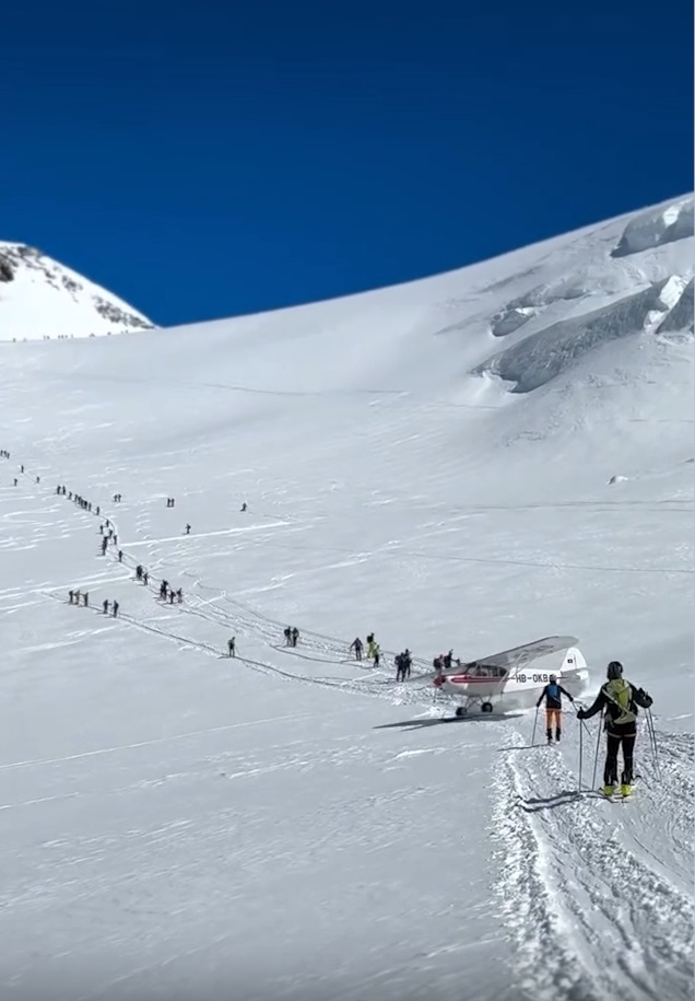 Plane crashes through ski touring group on Monte Rosa, Switzerland, Saturday, April 26, 2025. Note: Photo is a screenshot from a video. Plane crashes through ski touring group