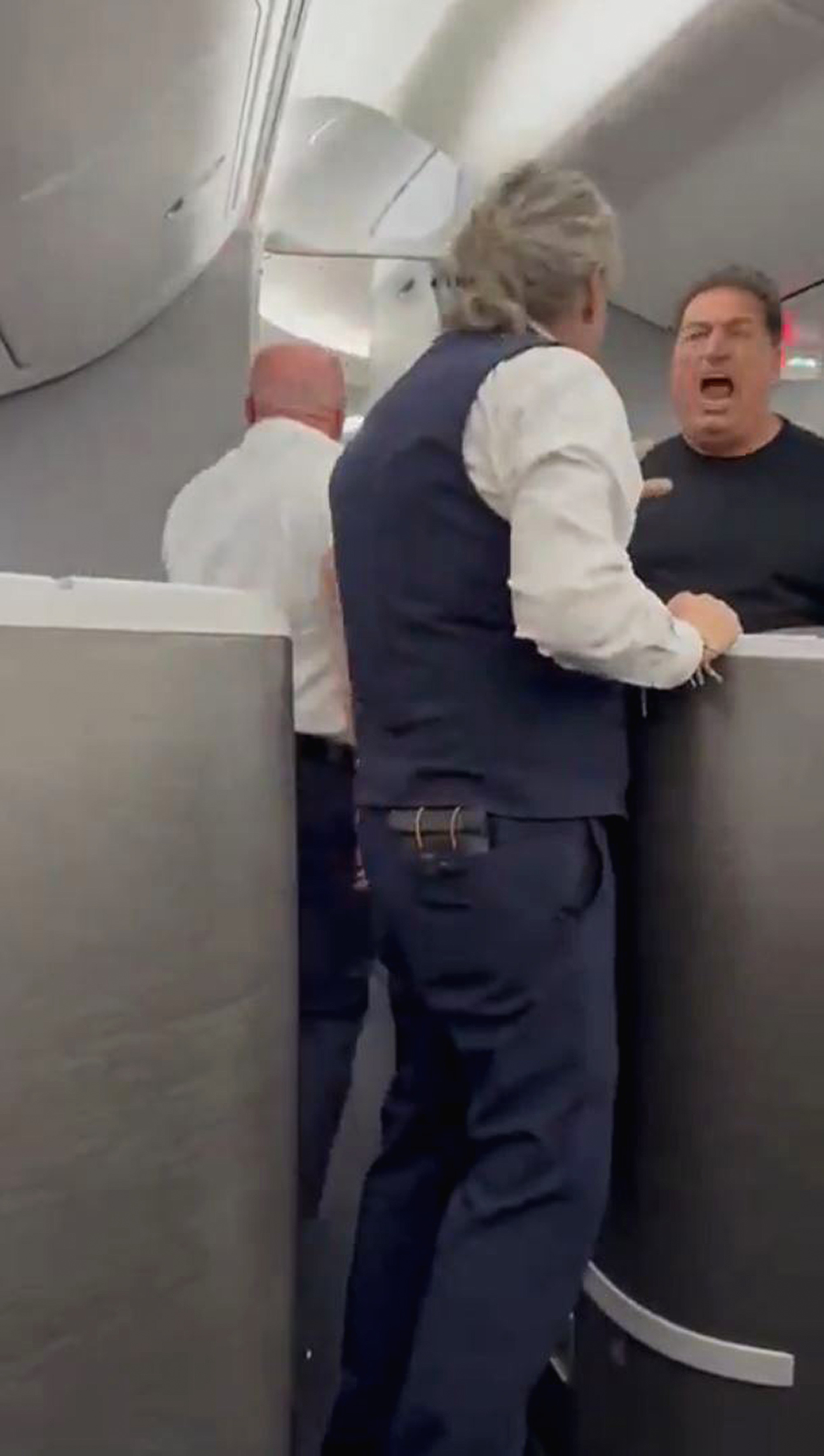 Flight attendants restrain Brazilian woman after attempting to enter the cockpit to question delay in Sao Paulo, Brazil, April 24, 2025. The flight was bound for New York. Note: Photo is a screenshot from a video Flight attendants restrain Brazilian woman