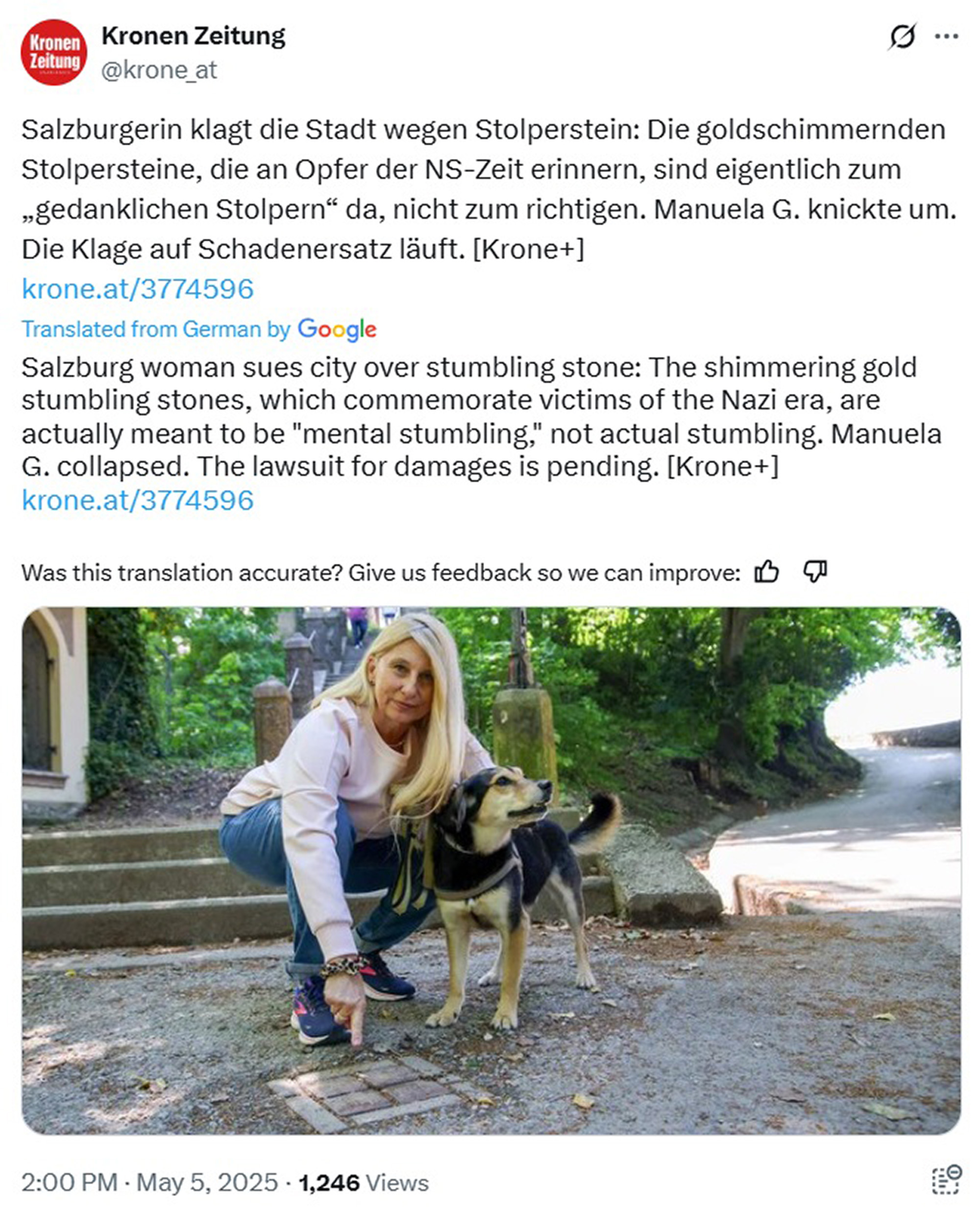 Picture shows Manuela G. at the scene of the accident with her dog in Salzburg, Austria, undated. She twisted her ankle last September. Note: Image is a screenshot from an X post. Manuela G.