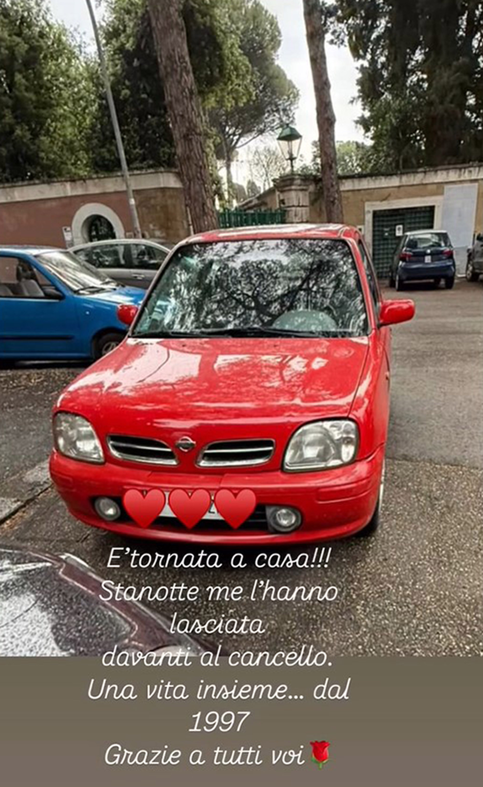 Rita Dalla Chiesa's car is returned to her after it got stolen in Rome, Italy, in May 2025. She made an emotional plea on social media to have it returned to her the previous day. Note: Picture is taken from social media. Rita Dalla Chiesa's car