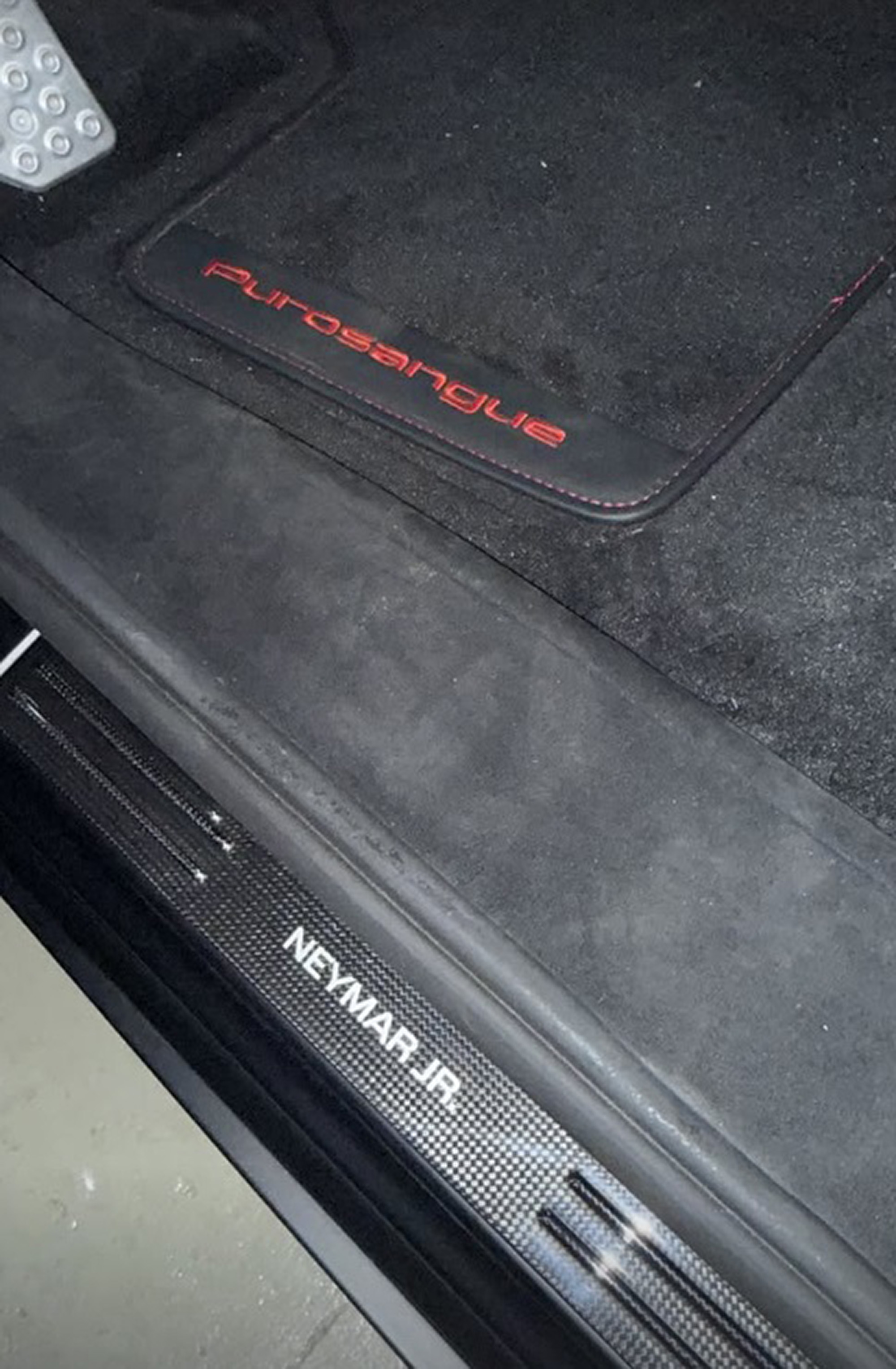 Neymar posts image of the carpet of his new Ferrari, undated. Neymar has a number of luxury sports cars. Note: Private photo taken from social media. Neymar posts image of the carpet of his new Ferrari