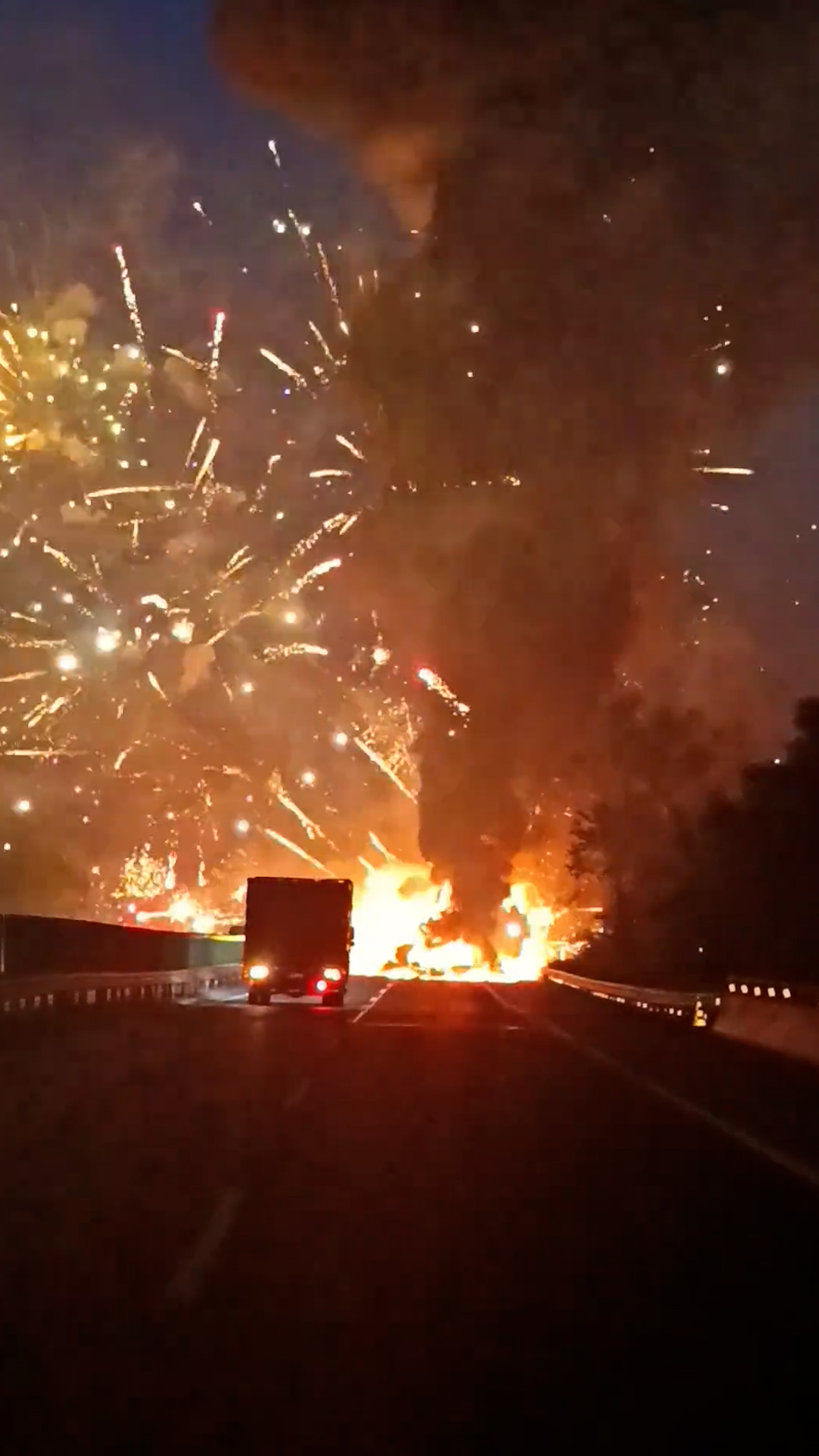 A lorry full of fireworks catches fire