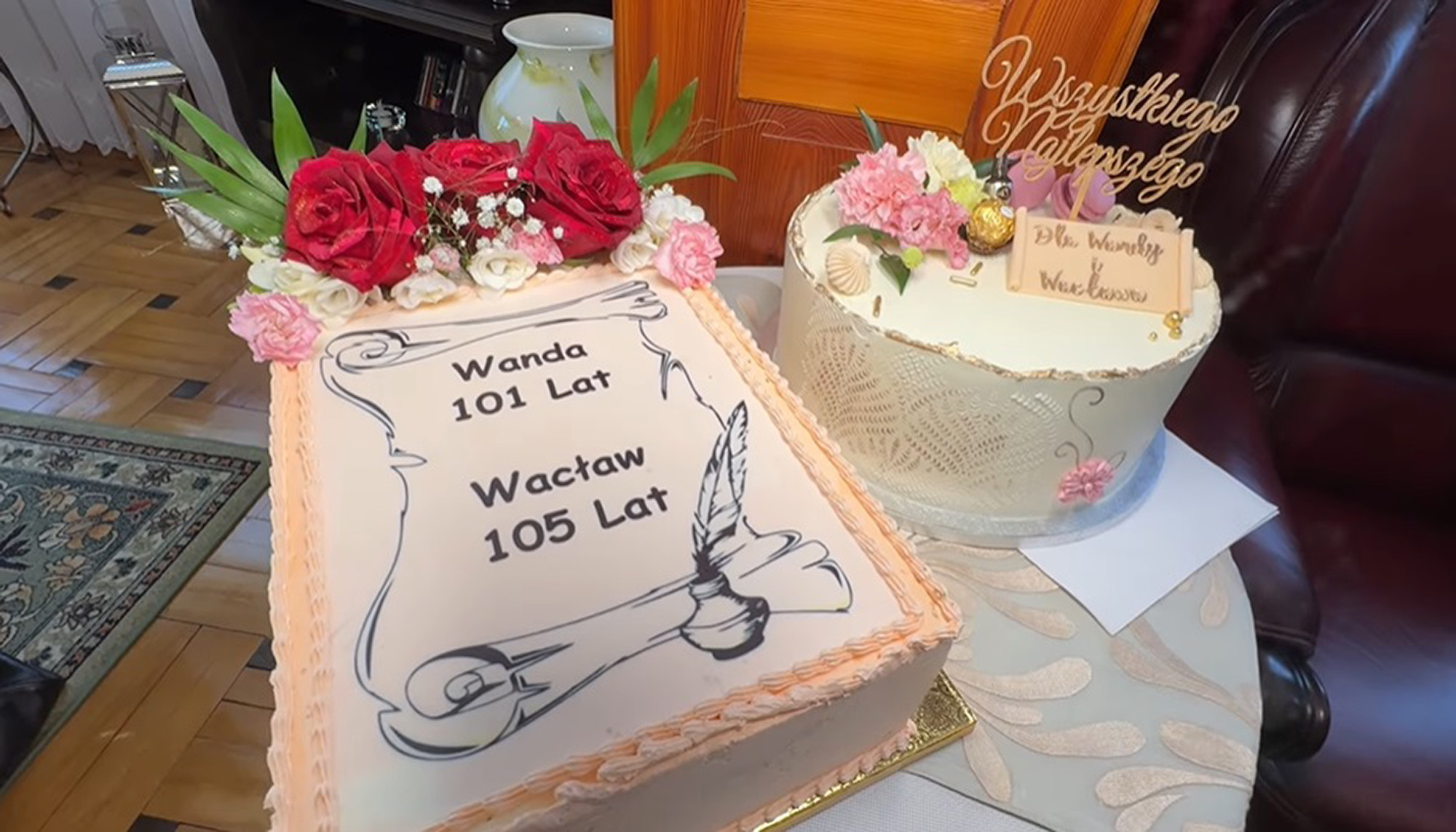 Picture shows the cake for the oldest couple in Poland, undated. Wanda (101) and Waclaw Smardz (105) swore their love to each other in 1946. Note: Image is a screenshot from video. Cake