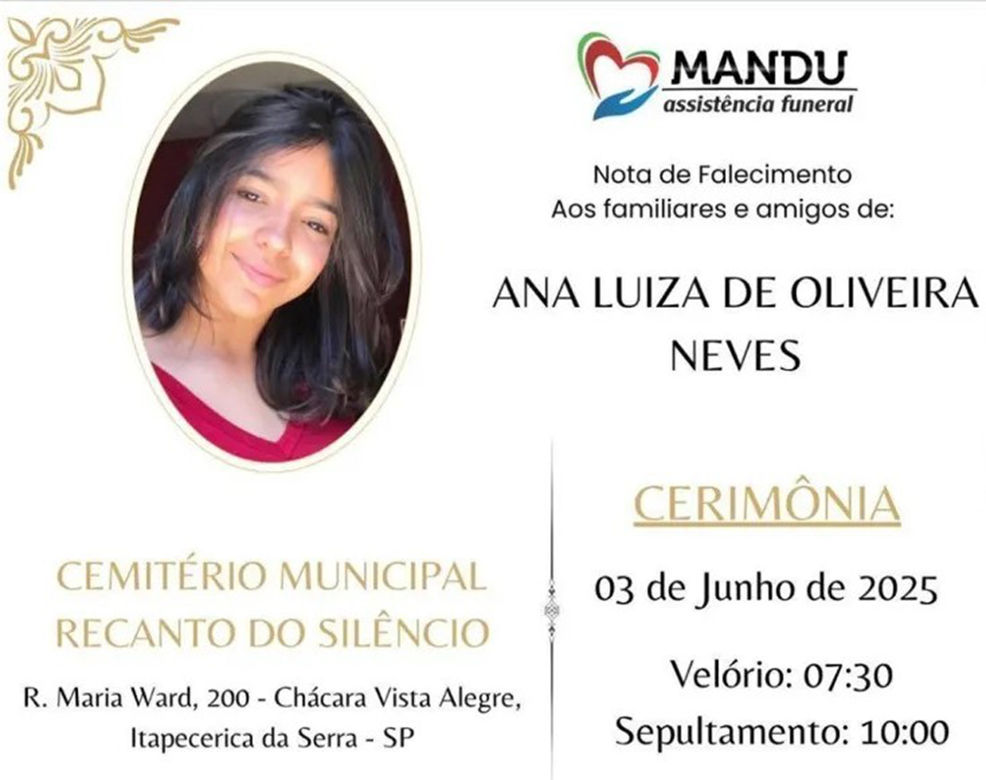 Ana Luiza de Oliveira Neves, 17, poses in undated photo. She died after eating a poisoned cake in Itapecerica da Serra, Brazil on June 1, 2025. Note: Private photo. Ana Luiza de Oliveira Neves