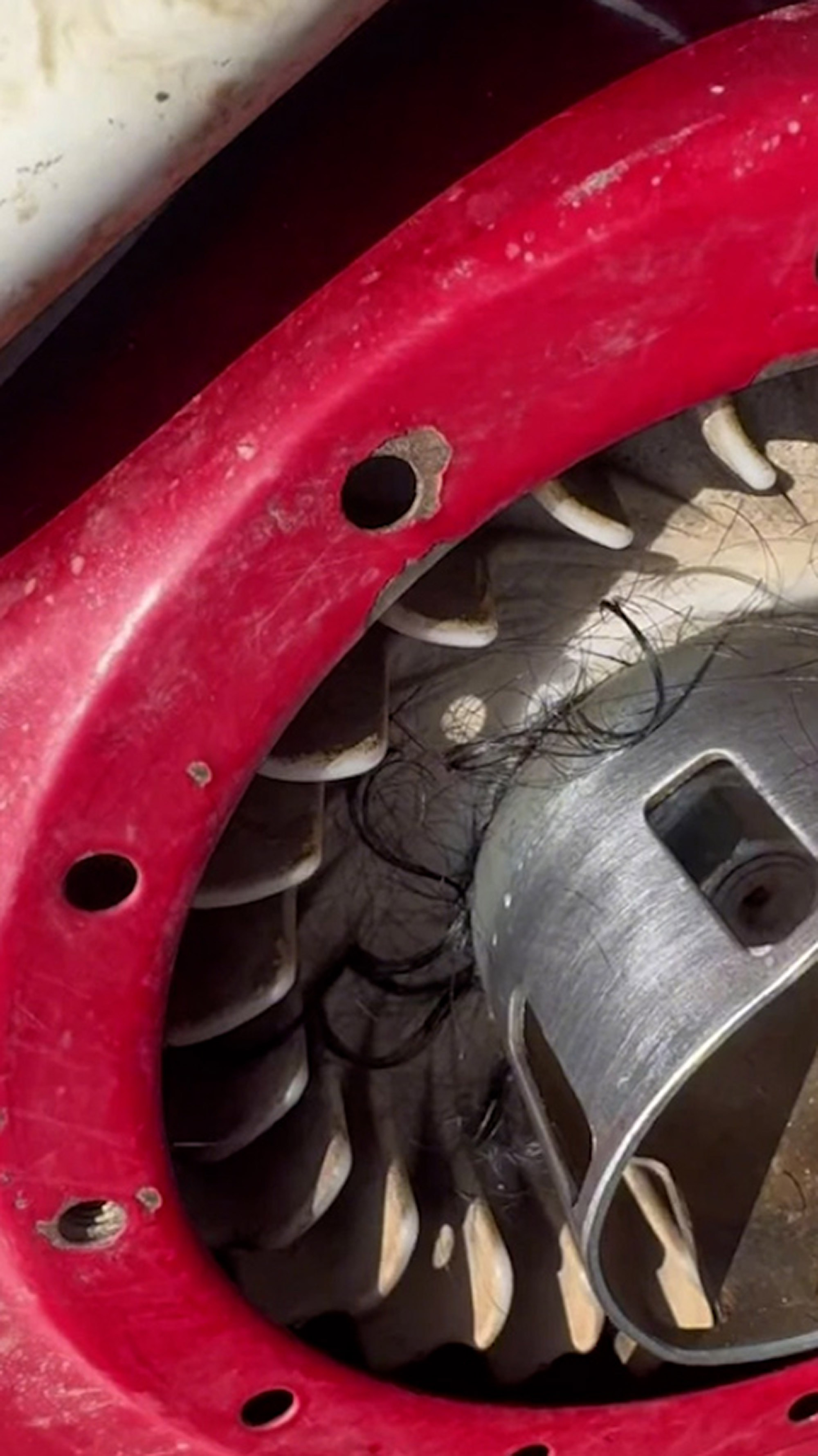 Picture shows the woman's hair in the boat engine in Ibotirama, Brazil, June 2, 2025. Maria da Conceicao Avelino de Vasconcelos, 45, died after having her hair sucked into the engine of the boat she was driving on the São Francisco River. Note: Private photo. the woman's hair in the boat engine