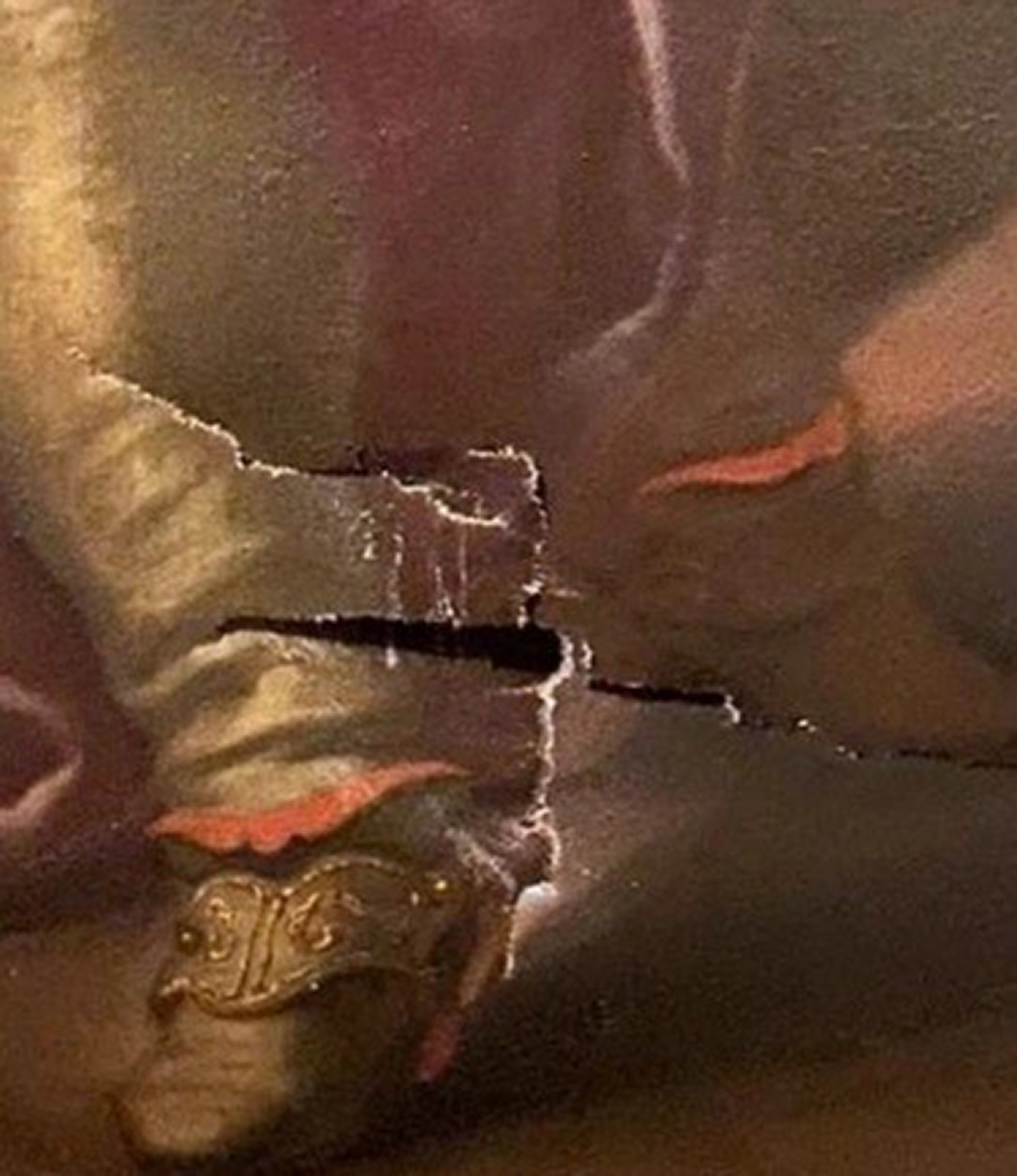 Picture shows the damage to the canvas, undated. Tourist damaged a 17th century painting at the Uffizi in Florence, Italy, June 21, 2025. Note: Private photo. Picture shows the damage to the canvas