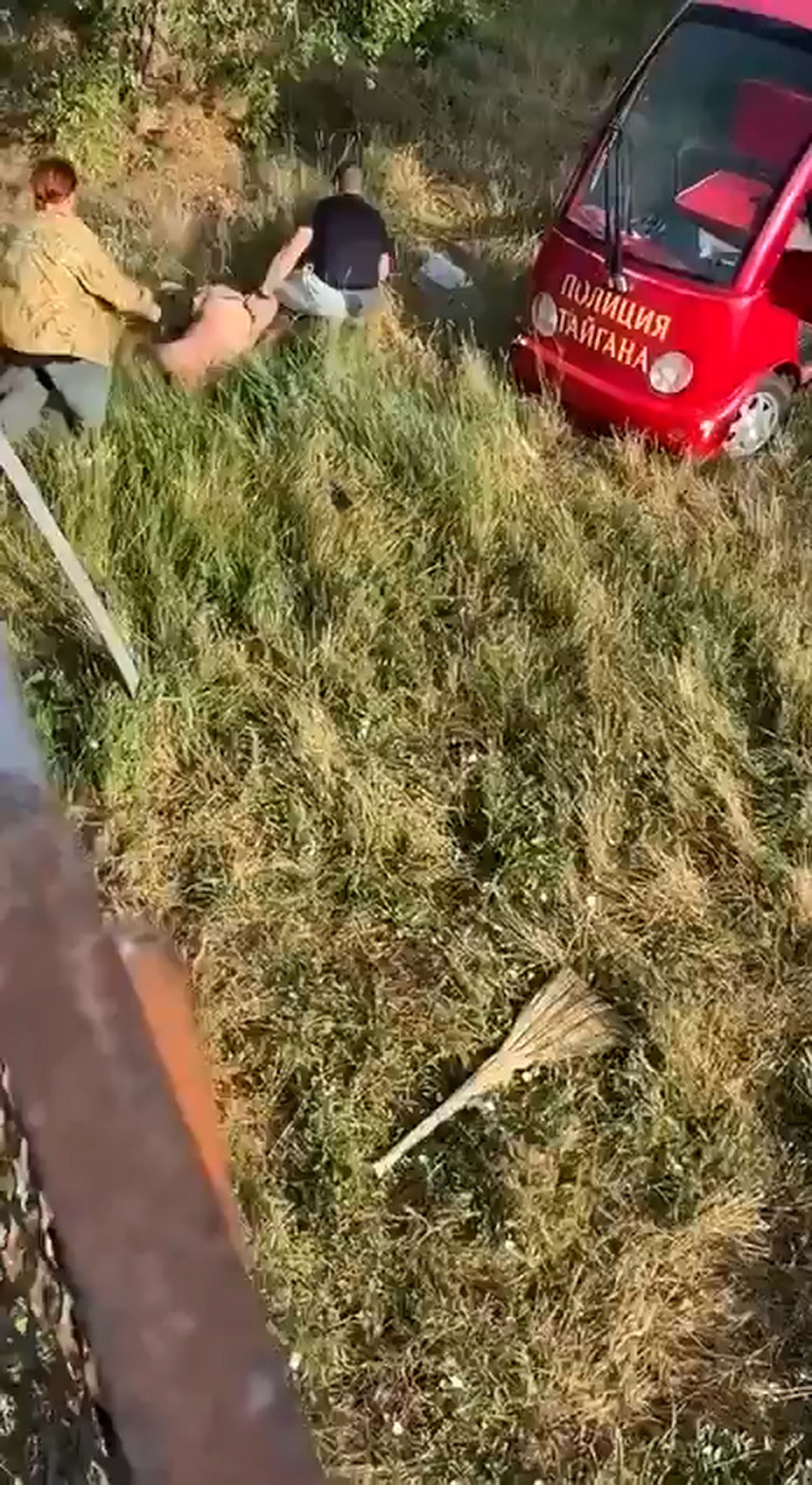 People help the director of the Crimean safari park after lion attack, June 22, 2025. Oleg Zubkov was feeding the animals. Note: Photo is a screenshot from a video. director of the Crimean safari park after lion attack