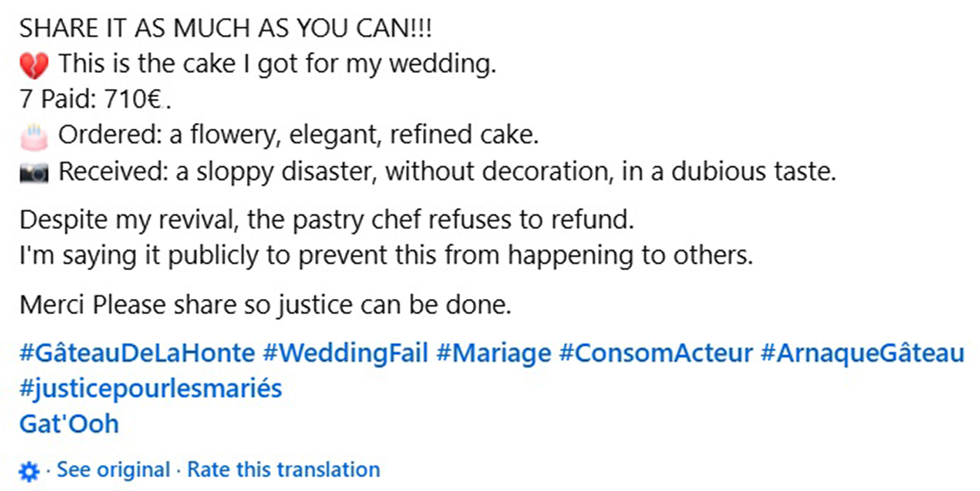 Picture shows Medya Hevin Polat's post on Facebook translated on English, undated. The post was about a cake. Note: Image is a screenshot from post. Medya Hevin Polat's post