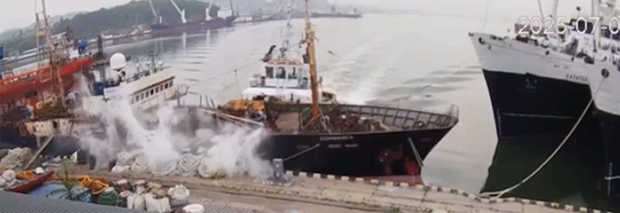Two ships collide in Nakhodka, Russia, on Jul.01, 2025. The investigation into the incident is ongoing. Note: Photo is a screenshot from a video. Two ships collide in Nakhodka