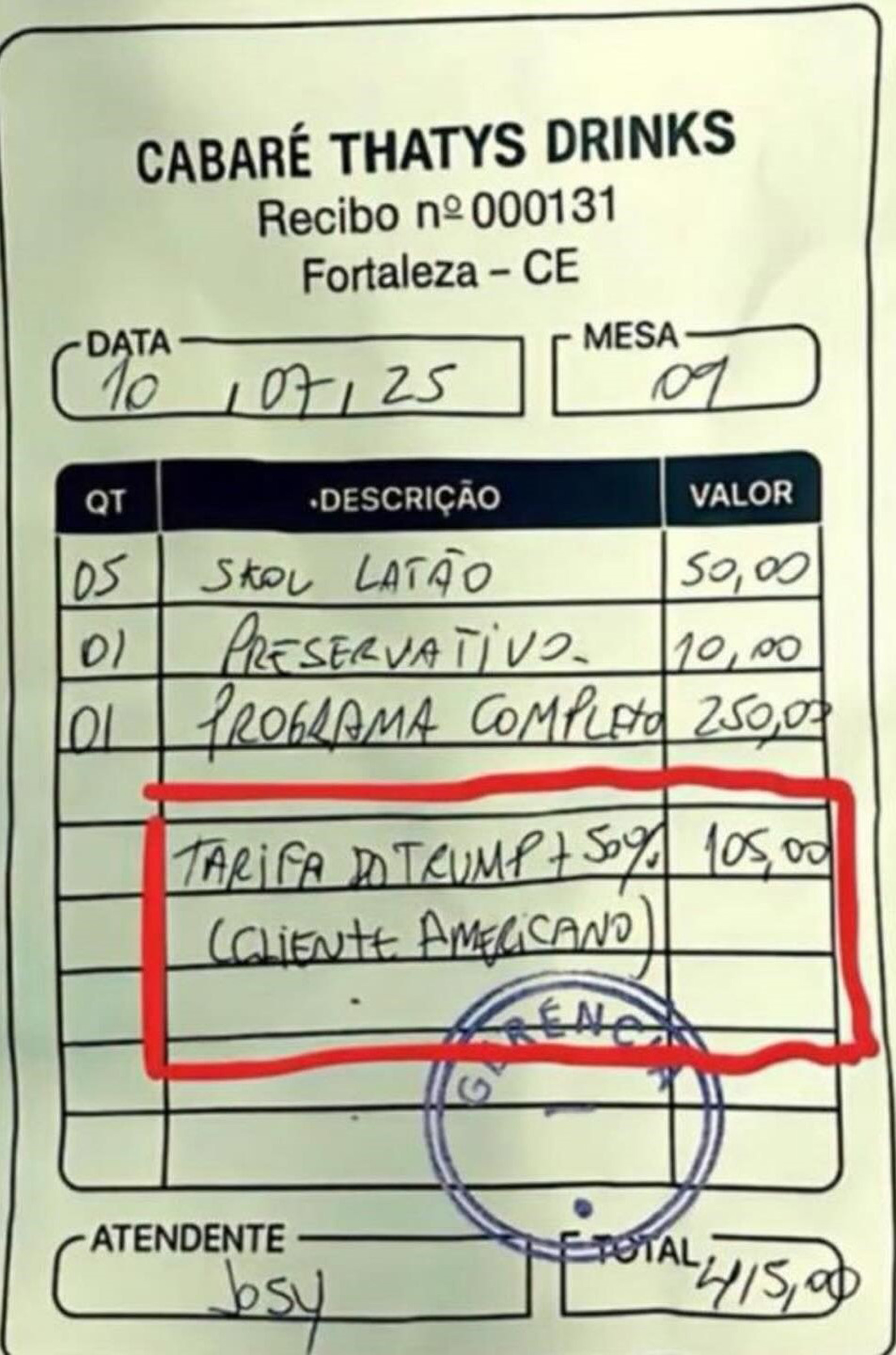 Picture shows a receipt with from a cabaret in Fortaleza