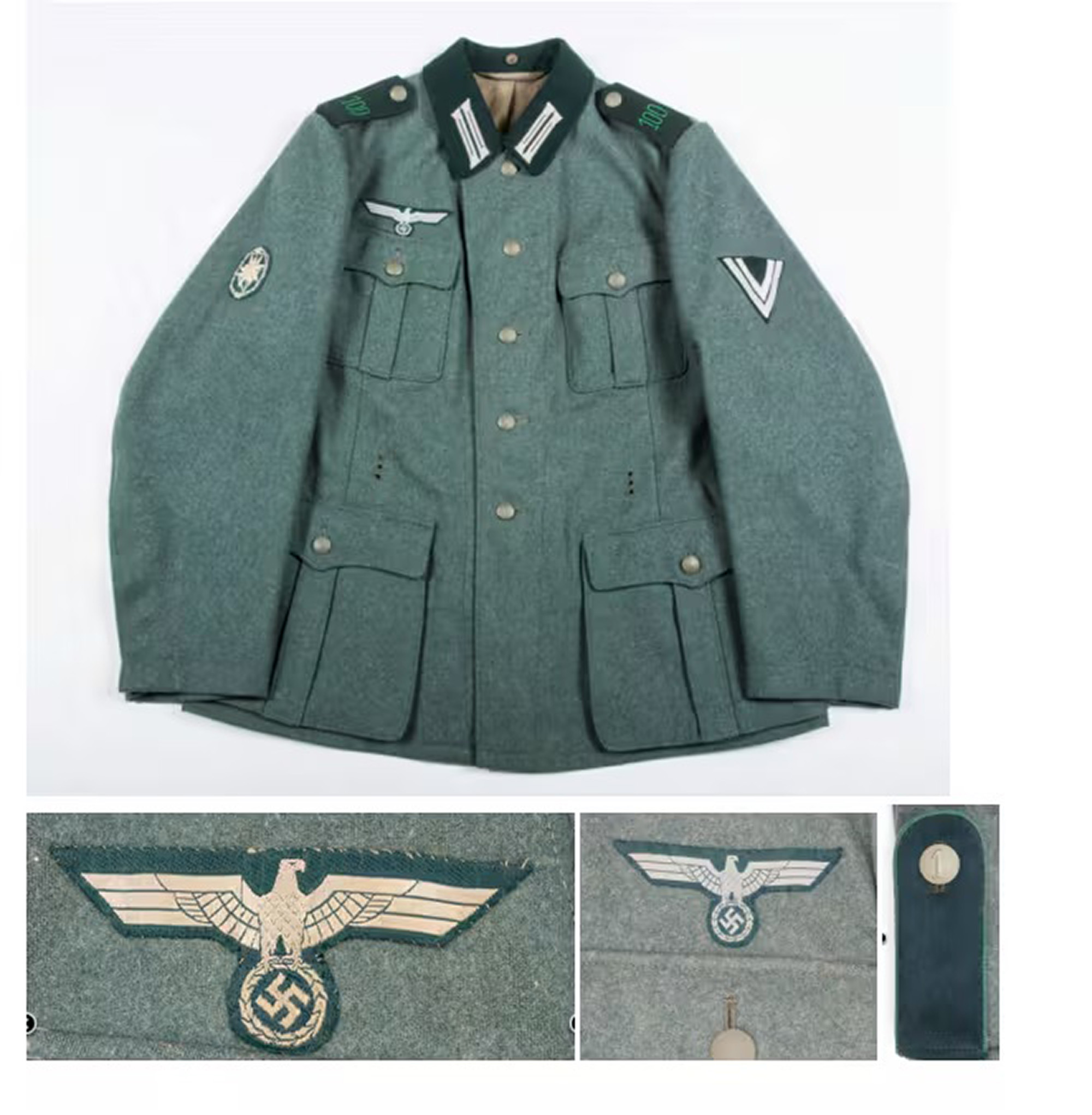 Picture shows the uniform with swastika symbol, undated. A group of 25 men in Wehrmacht uniforms were stopped by the Bernese cantonal police after crossing the Wildhorn massif. Note: Private photo. Picture shows the uniform with swastika symbol