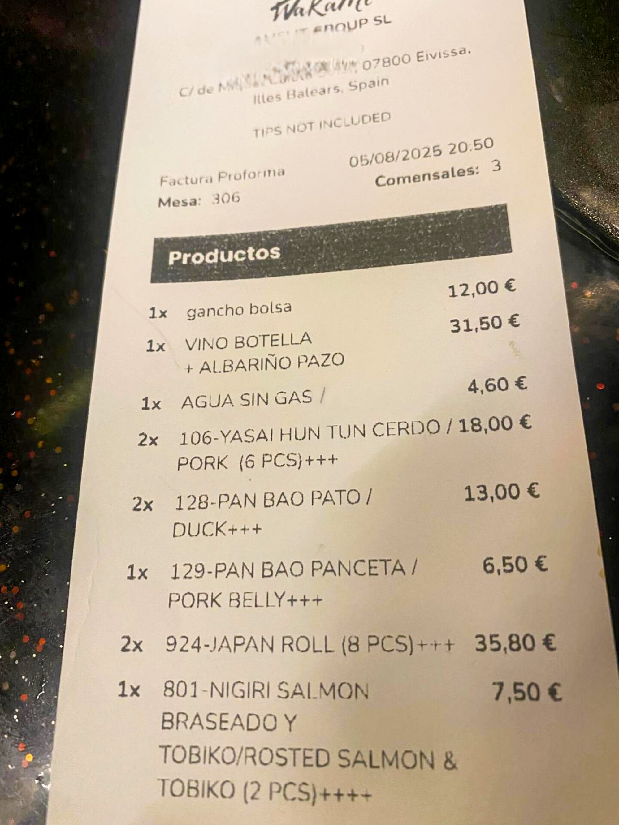 Picture shows the restaurant bill, undated. The case reportedly took place in Ibiza, Spain. Note: Private photo. Picture shows the restaurant bill
