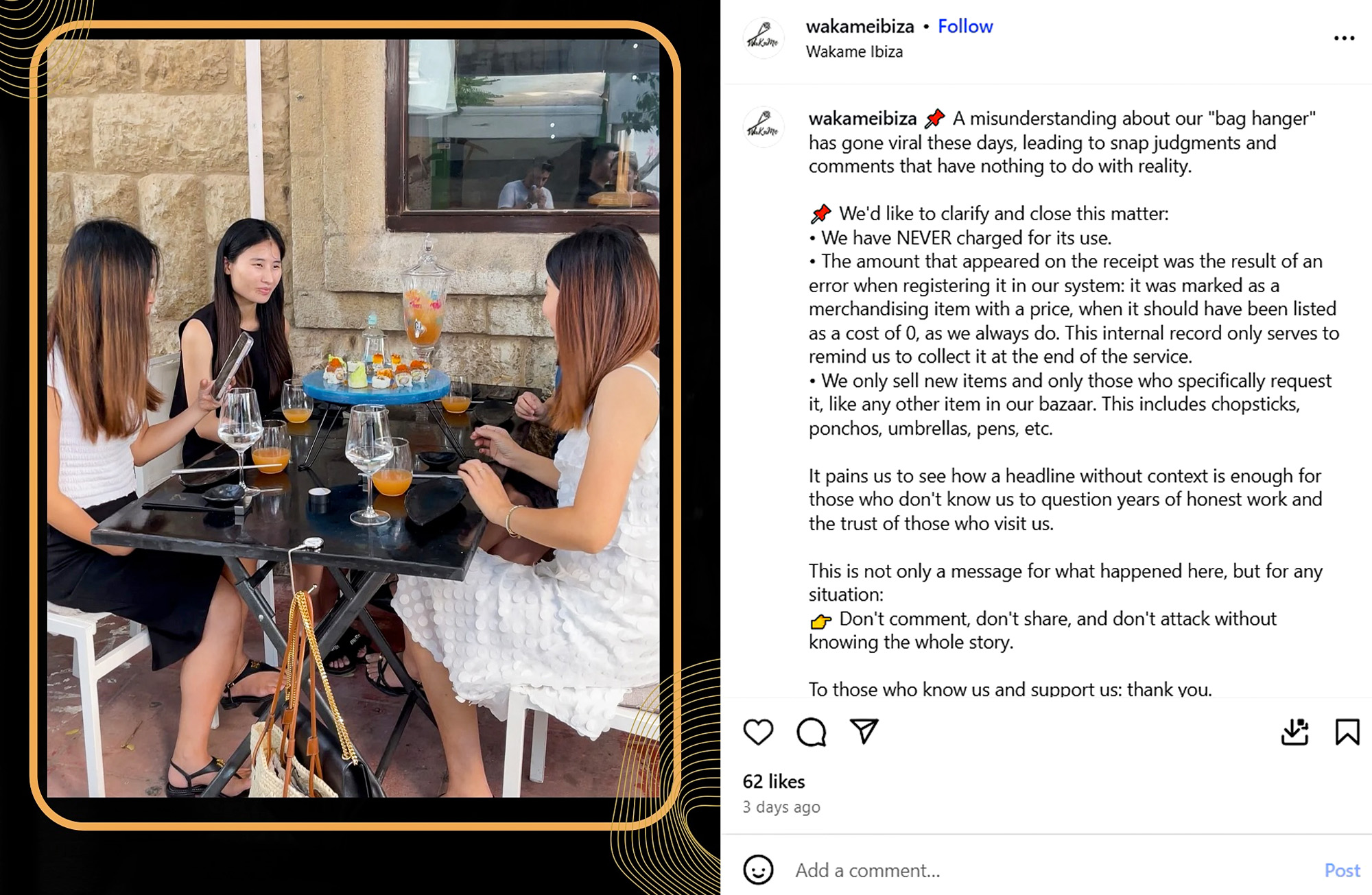 Picture shows restaurant's Instagram post about the bag hanger shared on Aug. 14, 2025. On the left it shows the bag hanger attached on the table. Note: Image is a screenshot from post. Picture shows restaurant's Instagram post about the bag hanger shared on Aug.