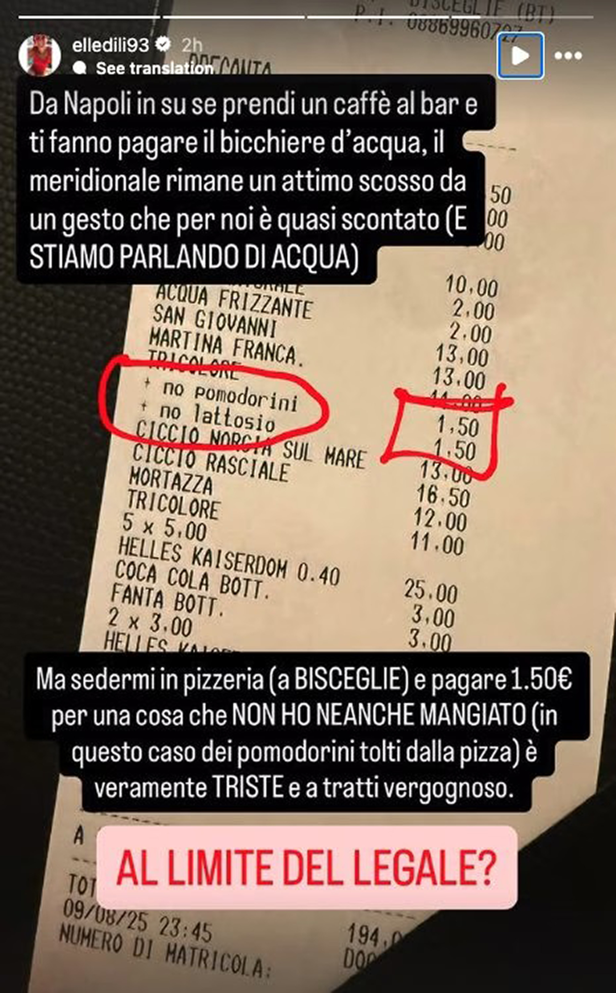 Picture shows the receipt for the pizza, undated. Swimmer Elena Di Liddo said she was charged for removing ingredients from the pizza in Bisceglie, Italy. Note: Private photo. receipt for the pizza