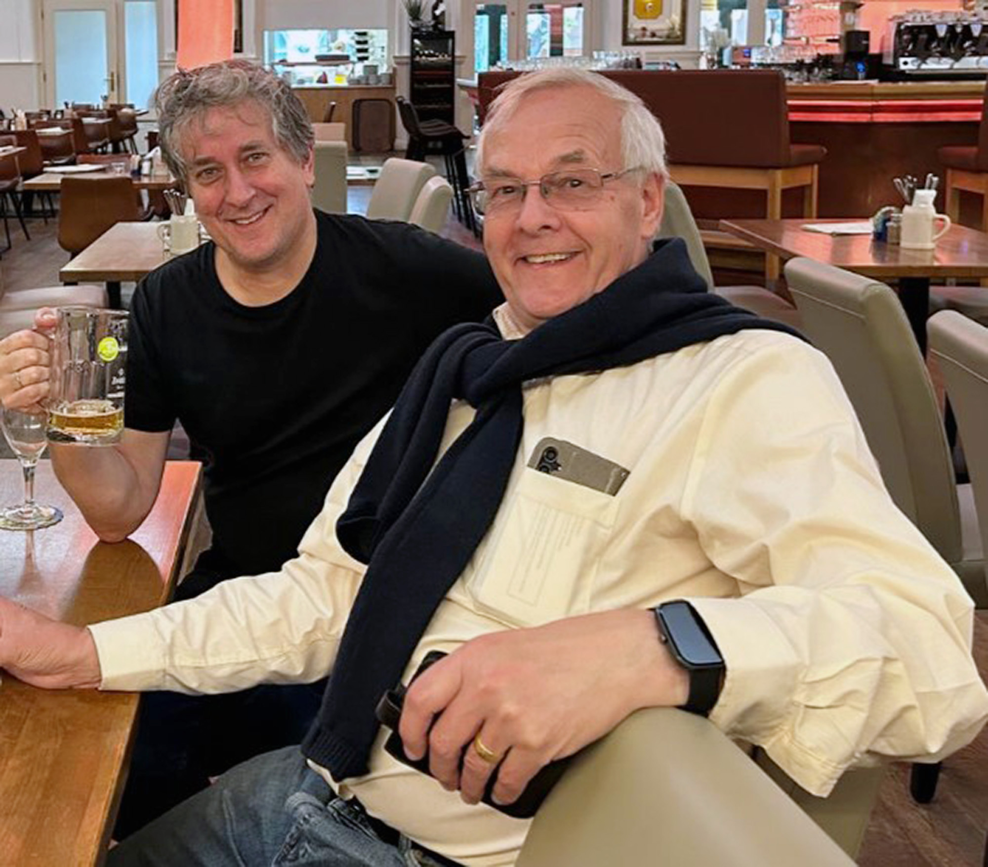Picture shows Paul Hill (right) and Mike Leidig (left) on a recent trip to a Biergarten, undated. He celebrated his 50th anniversary. Note: Licensed photo. Paul Hill (right) and Mike Leidig (left)