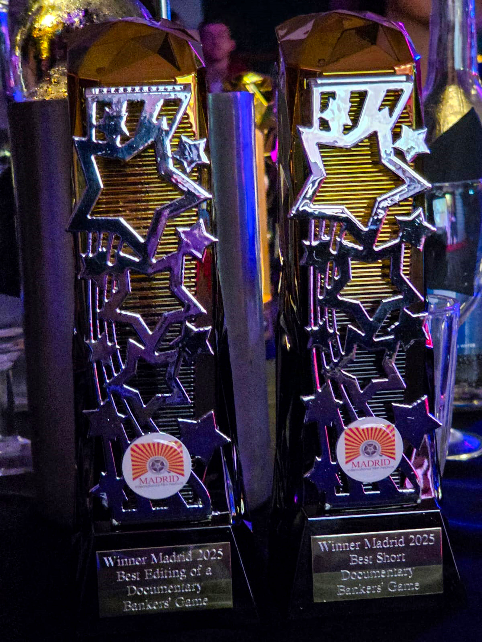 Picture shows the awards, undated. The documentary Bankers Game, directed and co-produced by John Christmas, has earned two prestigious awards at the Madrid International Film Festival 2025 — Best Editing of a Documentary and Best Short Documentary. Note: Licensed photo. Picture shows the awards,