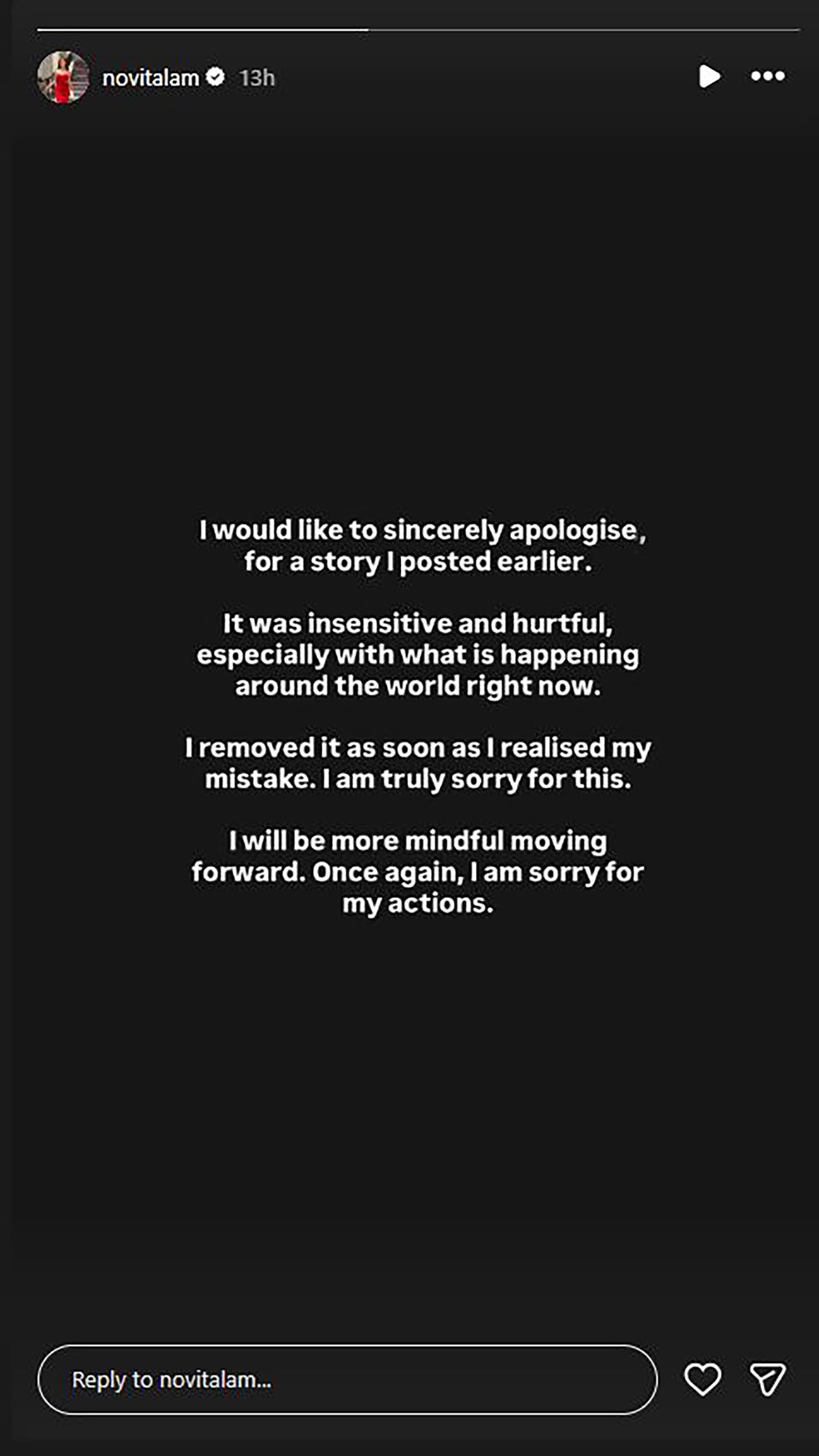 Singapore-based influencer Novita Lam makes an apology 
